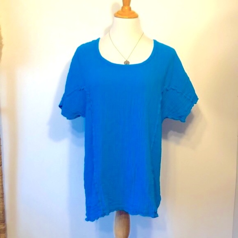 Vtg-Drawstrings Of Malibu Turquoise Cotton Hippie Tunic Top-Size Medium